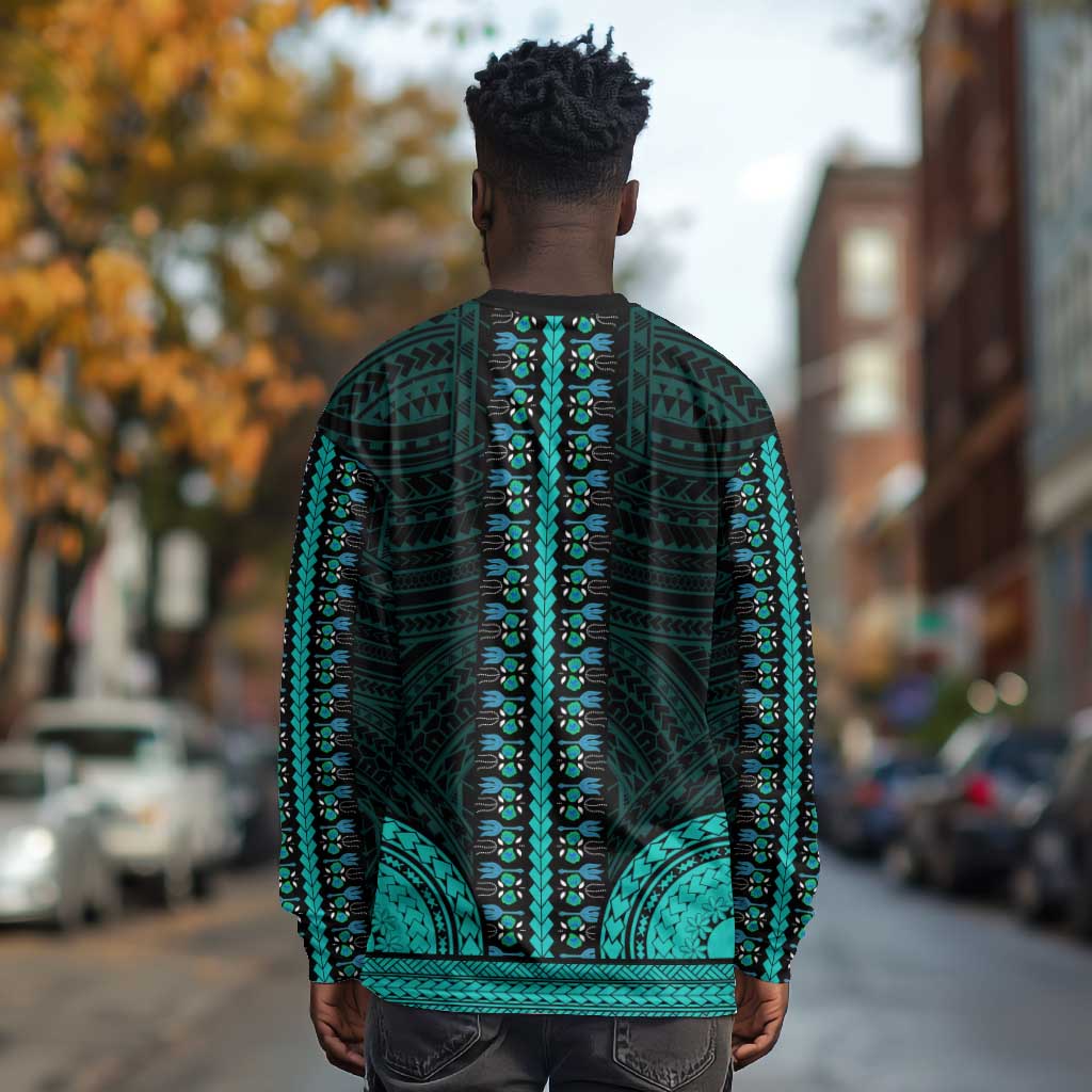 African Dashiki and Polynesian Pattern Long Sleeve Shirt Teal