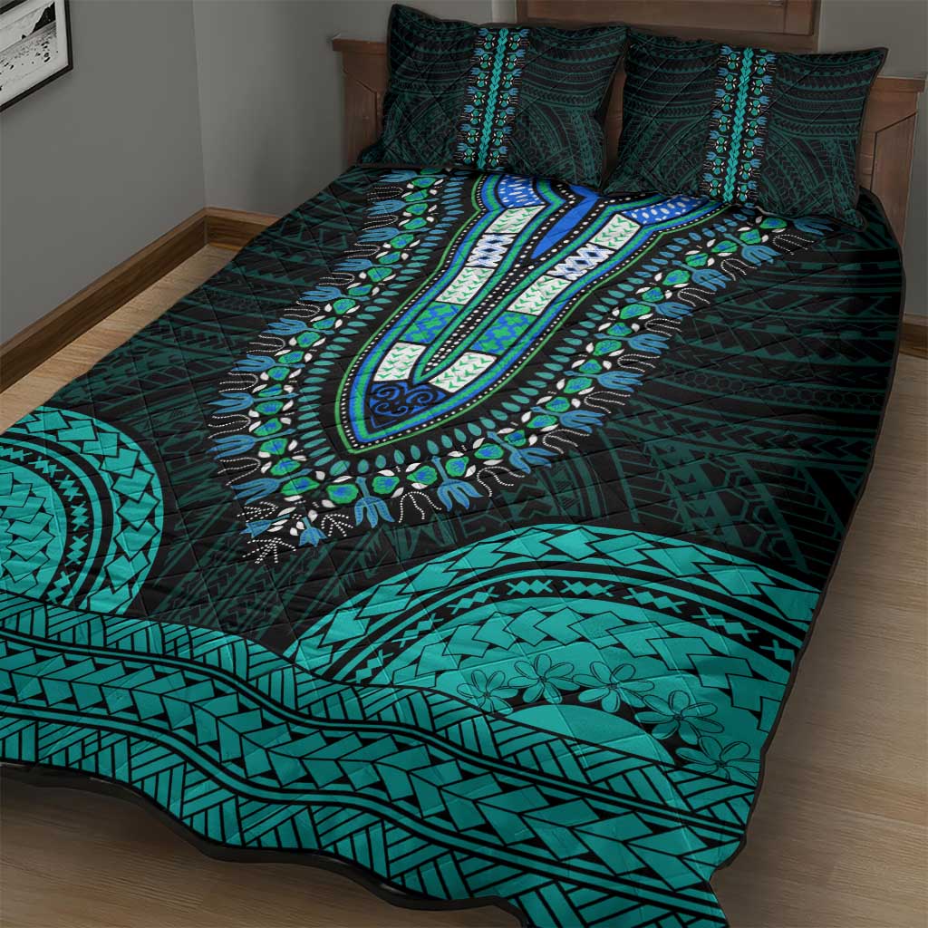 African Dashiki and Polynesian Pattern Quilt Bed Set Teal