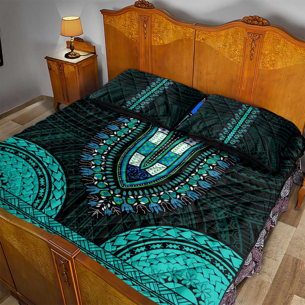African Dashiki and Polynesian Pattern Quilt Bed Set Teal