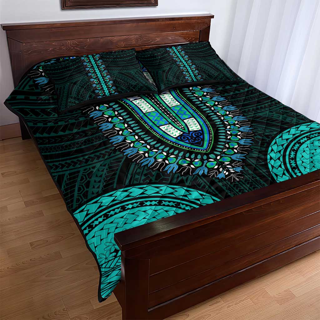 African Dashiki and Polynesian Pattern Quilt Bed Set Teal