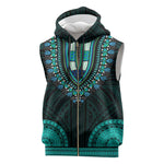 African Dashiki and Polynesian Pattern Sleeveless Zip Hoodie Teal - African Pride