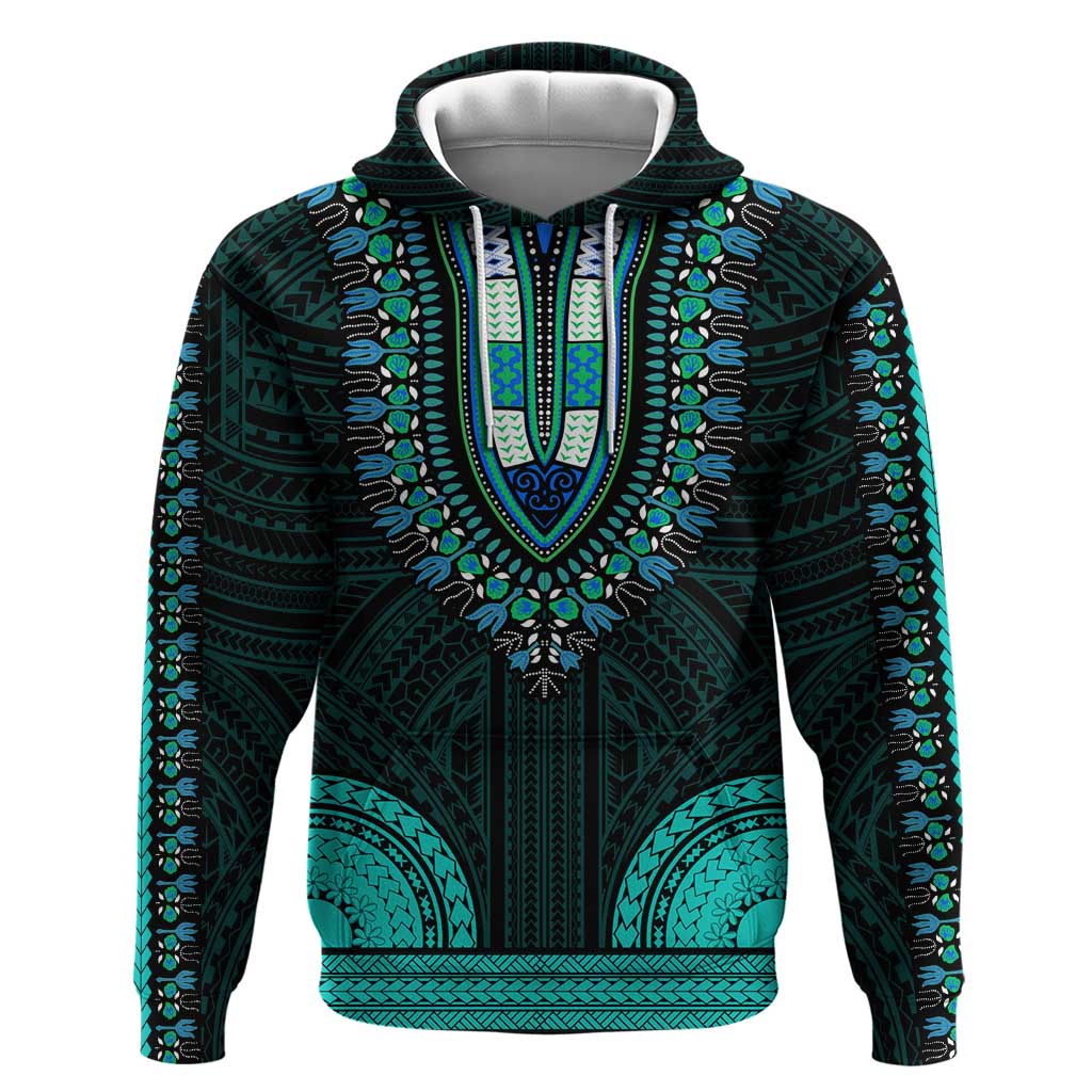 African Dashiki and Polynesian Pattern Zip Hoodie Teal