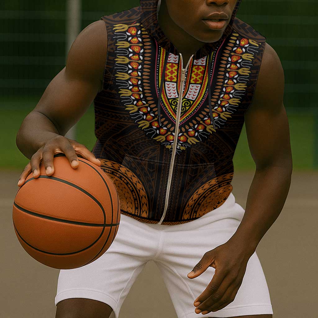 African Dashiki and Polynesian Pattern Sleeveless Zip Hoodie Gold - African Pride