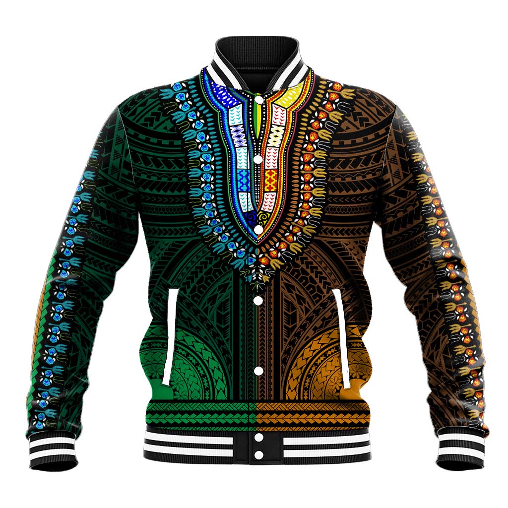 African Dashiki and Polynesian Pattern Baseball Jacket Half Green-Gold