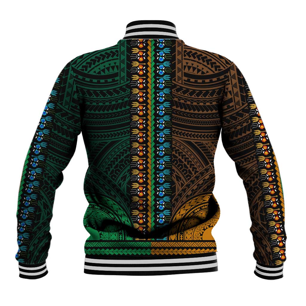 African Dashiki and Polynesian Pattern Baseball Jacket Half Green-Gold