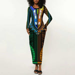 African Dashiki and Polynesian Pattern Long Sleeve Bodycon Dress Half Green-Gold LT9