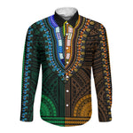 African Dashiki and Polynesian Pattern Long Sleeve Button Shirt Half Green-Gold