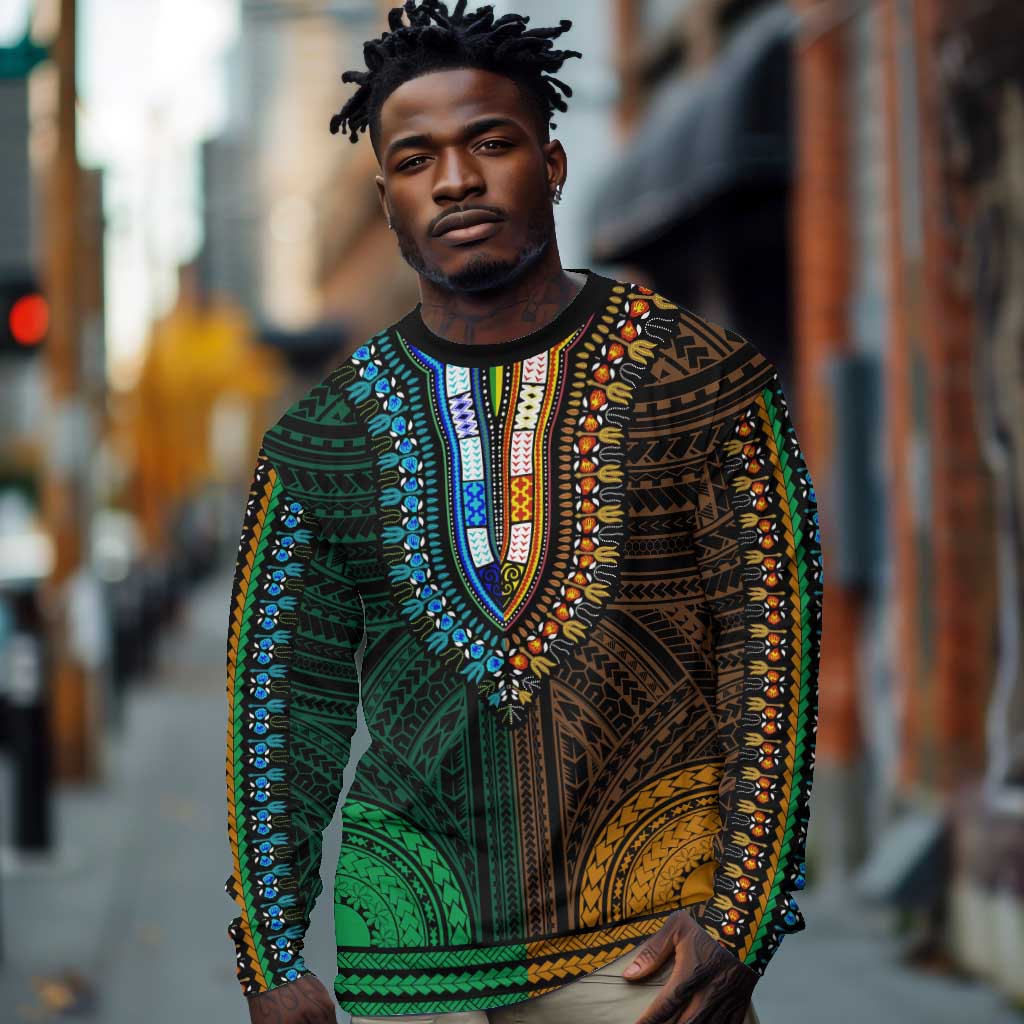 African Dashiki and Polynesian Pattern Long Sleeve Shirt Half Green-Gold