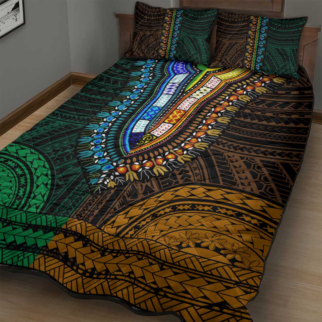 African Dashiki and Polynesian Pattern Quilt Bed Set Half Green-Gold