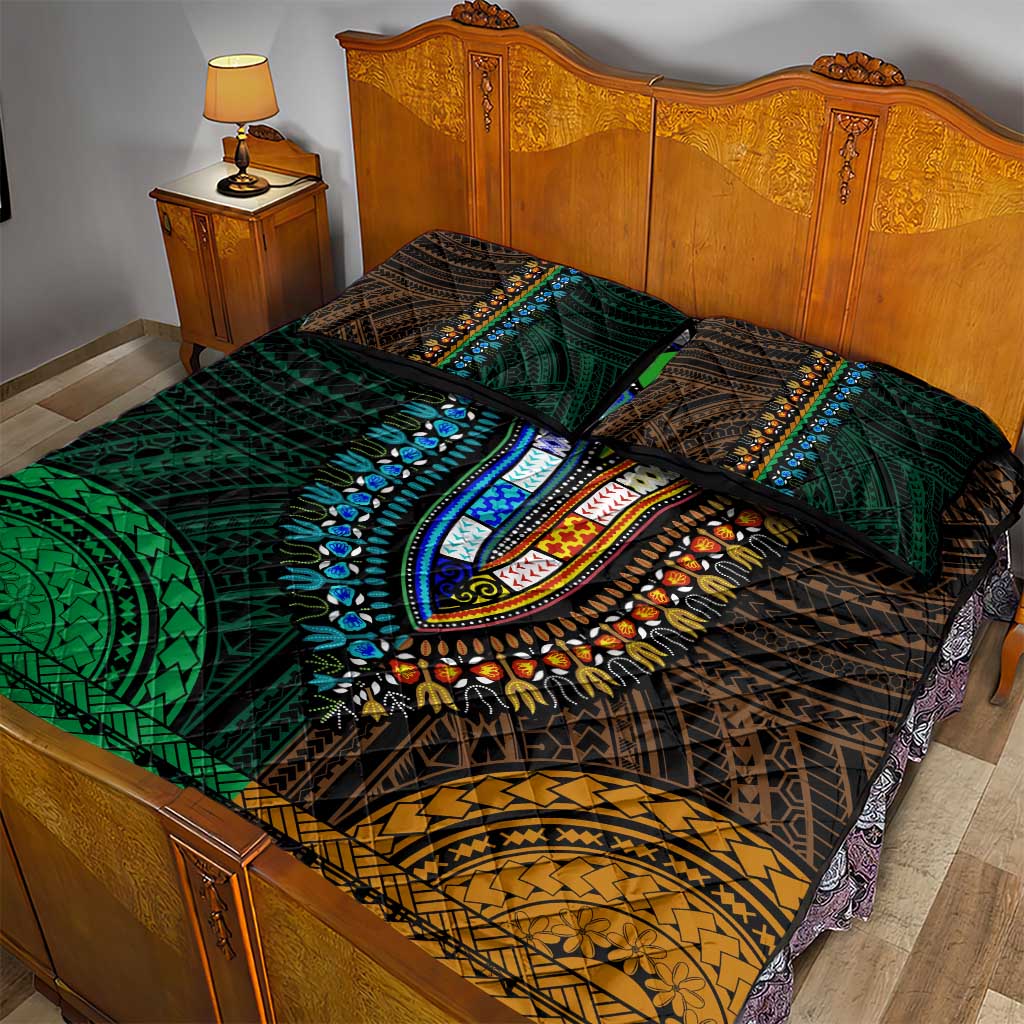 African Dashiki and Polynesian Pattern Quilt Bed Set Half Green-Gold