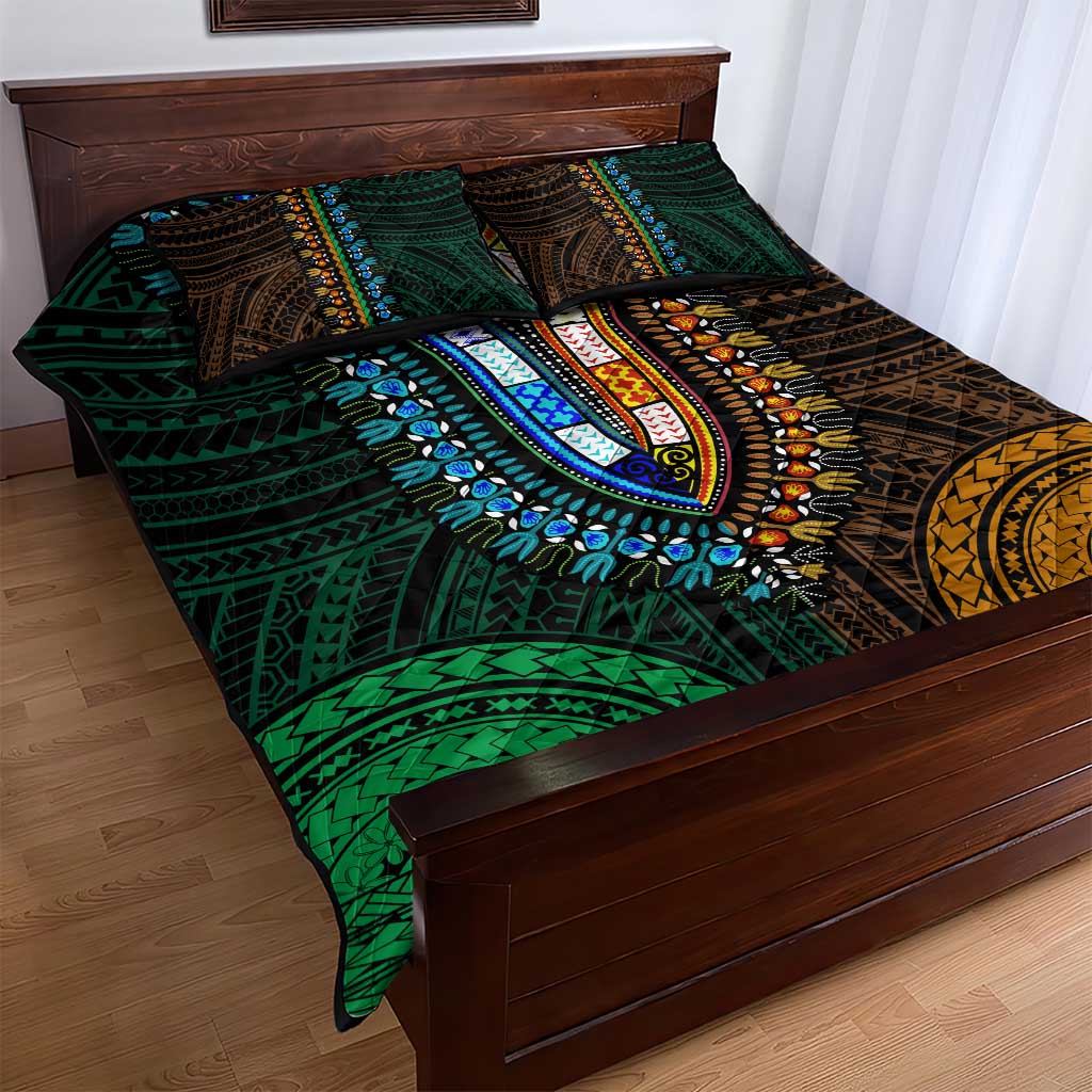African Dashiki and Polynesian Pattern Quilt Bed Set Half Green-Gold