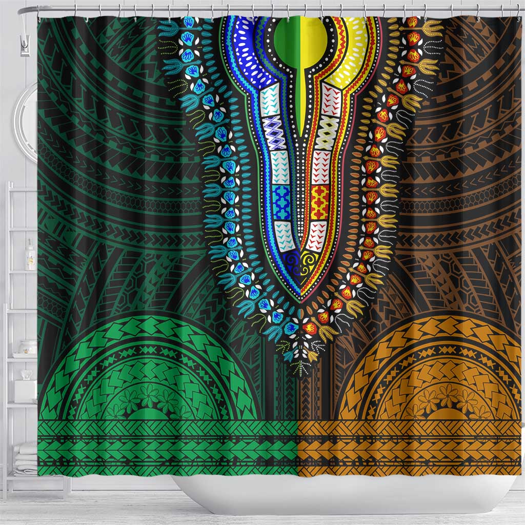African Dashiki and Polynesian Pattern Shower Curtain Half Green-Gold