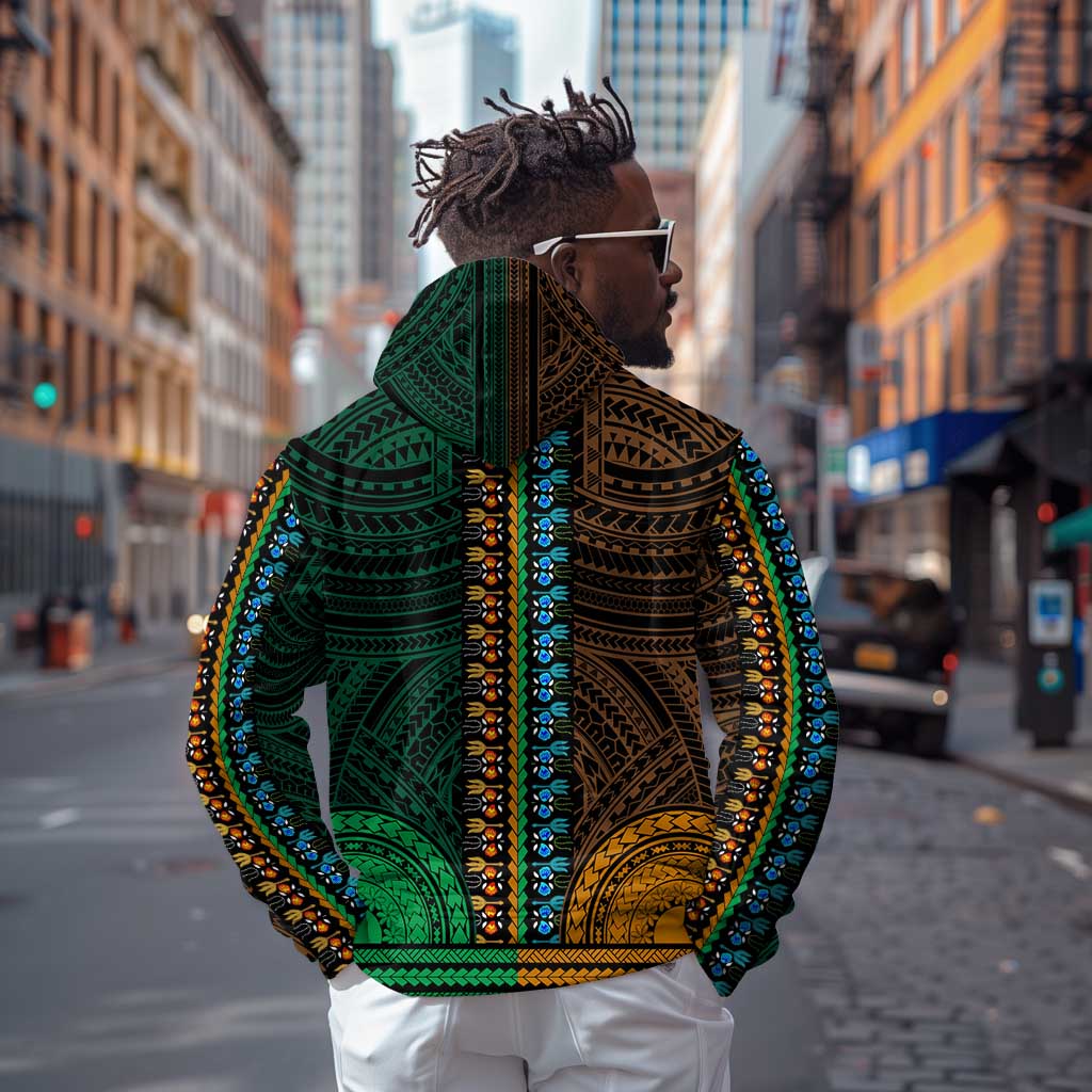 African Dashiki and Polynesian Pattern Zip Hoodie Half Green-Gold