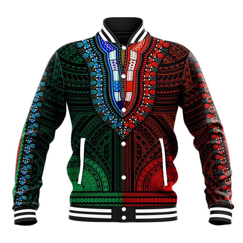 African Dashiki and Polynesian Pattern Baseball Jacket Half Green-Red