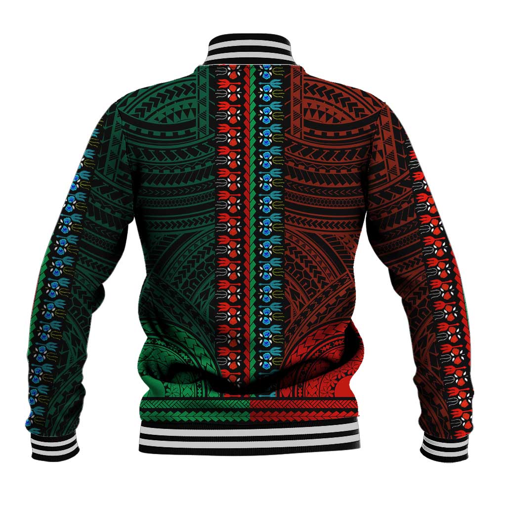 African Dashiki and Polynesian Pattern Baseball Jacket Half Green-Red