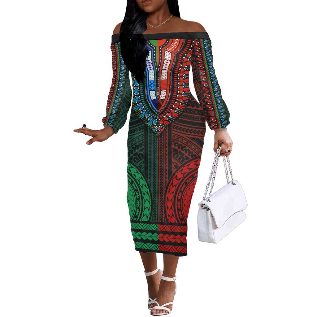 African Dashiki and Polynesian Pattern Off The Shoulder Long Sleeve Dress  Half Green-Red by AfricanPride