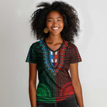 African Dashiki and Polynesian Pattern Women V-Neck T-Shirt Half Green-Red
