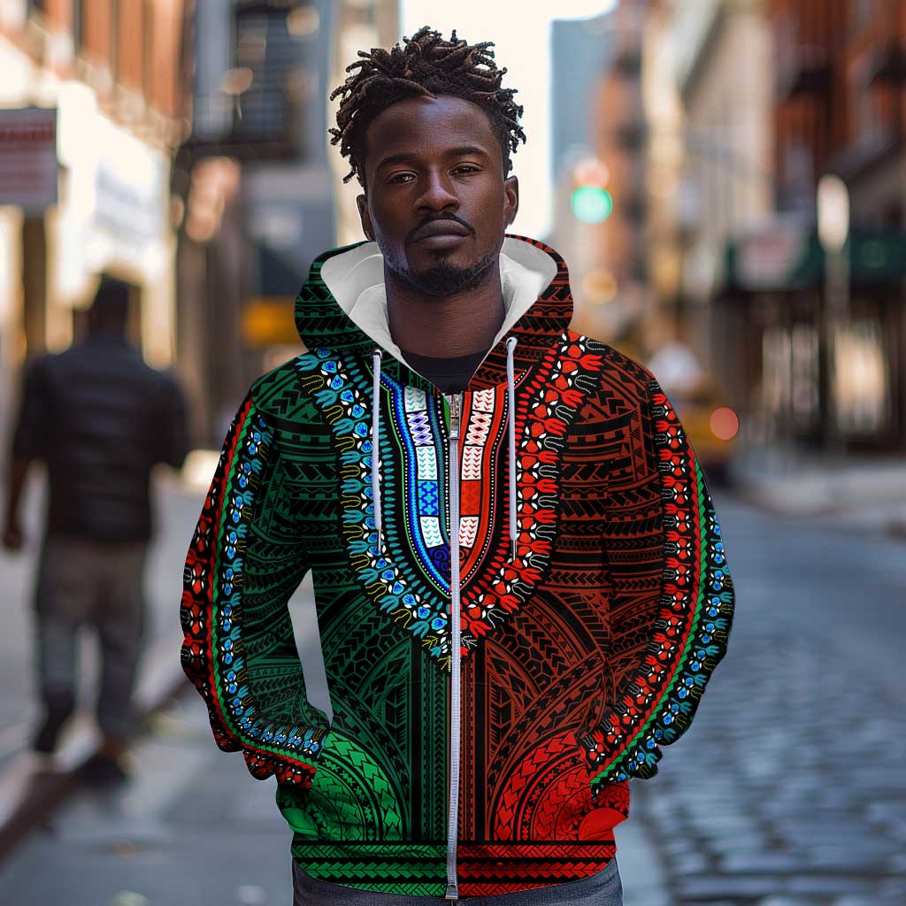 African Dashiki and Polynesian Pattern Zip Hoodie Half Green-Red