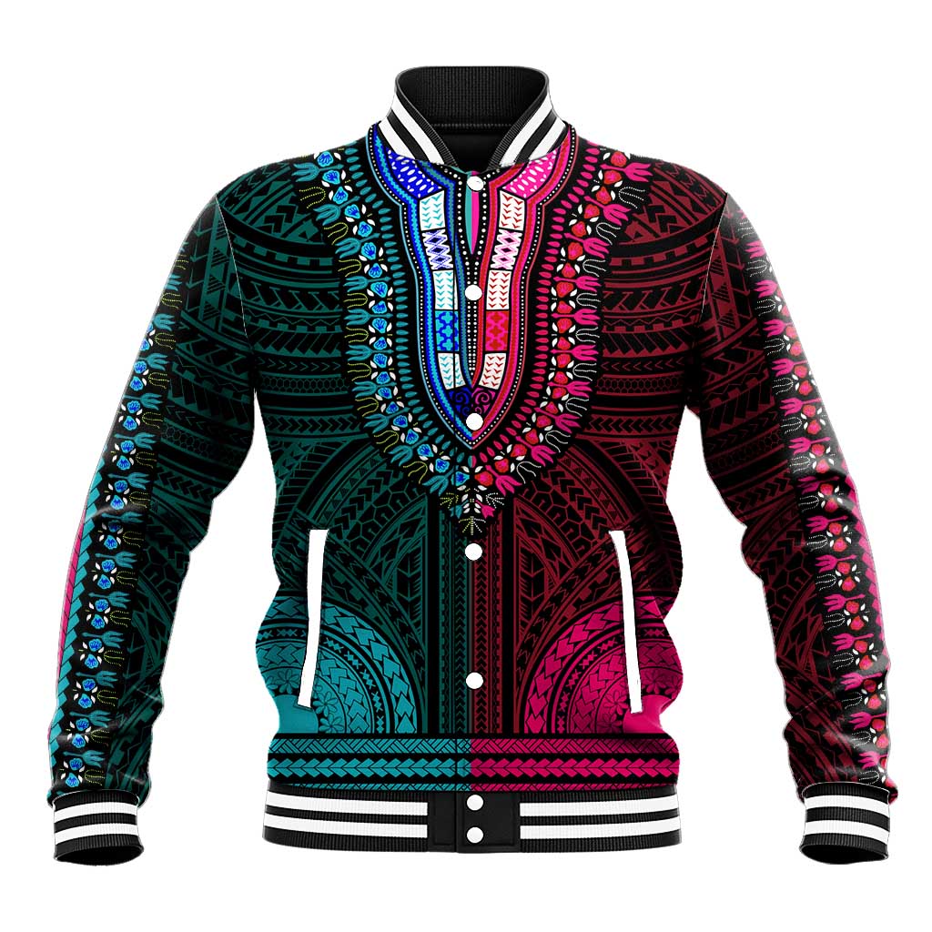 African Dashiki and Polynesian Pattern Baseball Jacket Half Teal-Pink