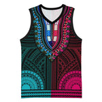 African Dashiki and Polynesian Pattern Basketball Jersey Half Teal-Pink - African Pride