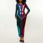 African Dashiki and Polynesian Pattern Long Sleeve Bodycon Dress Half Teal-Pink LT9