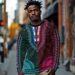 African Dashiki and Polynesian Pattern Long Sleeve Shirt Half Teal-Pink
