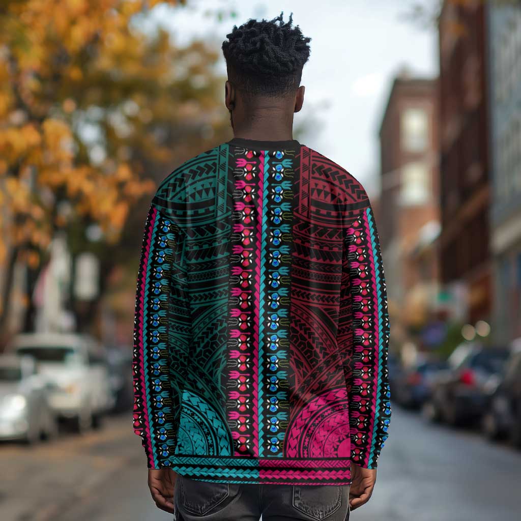 African Dashiki and Polynesian Pattern Long Sleeve Shirt Half Teal-Pink