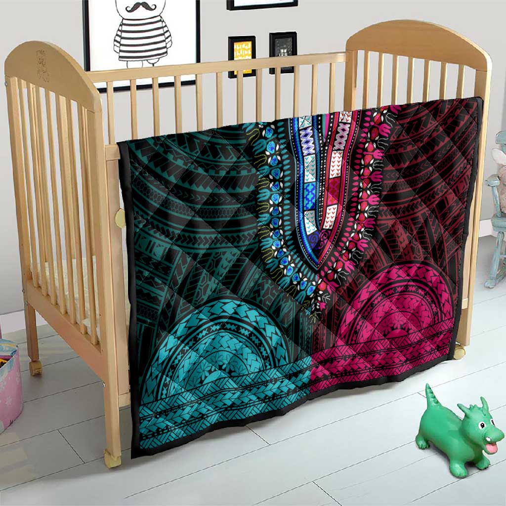 African Dashiki and Polynesian Pattern Quilt Half Teal-Pink