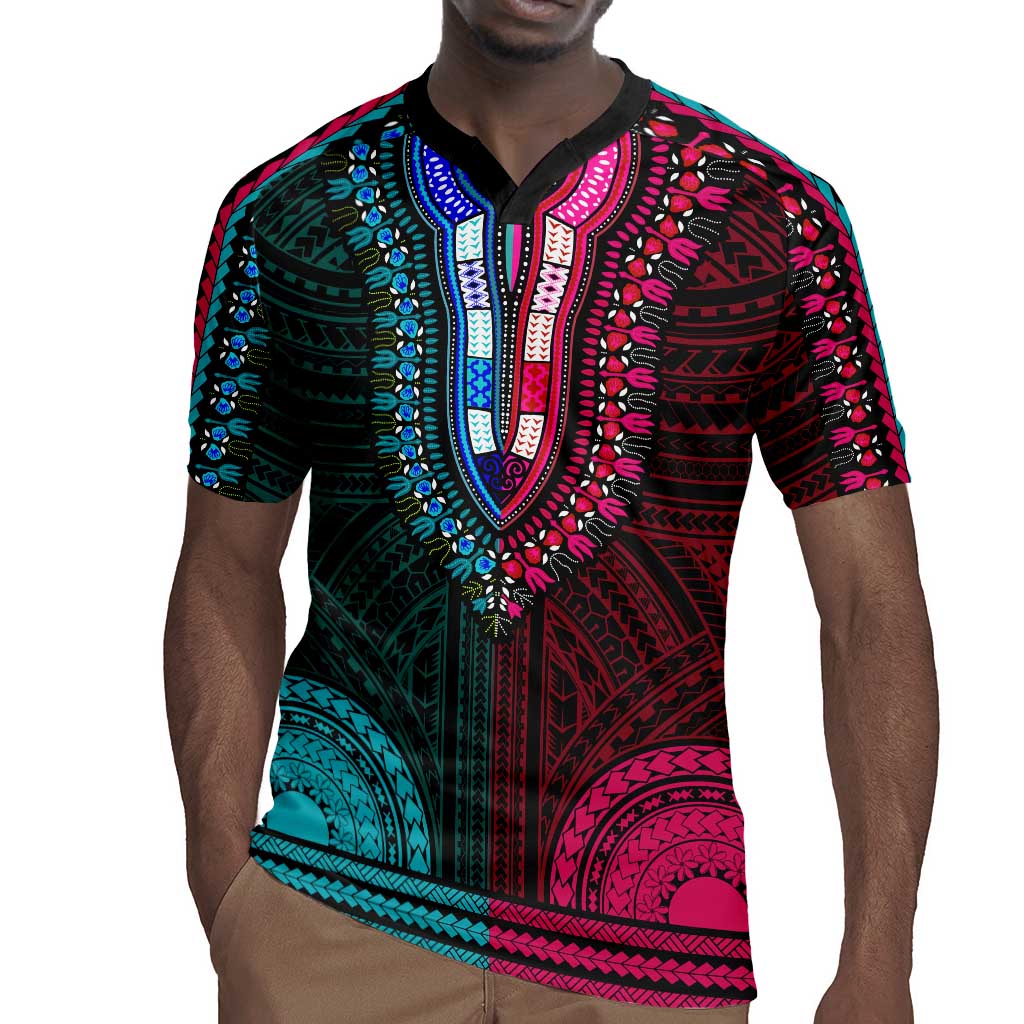 African Dashiki and Polynesian Pattern Rugby Jersey Half Teal-Pink