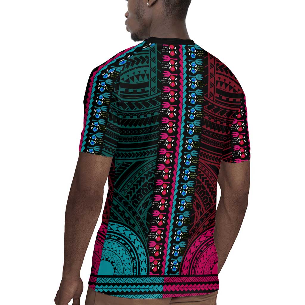 African Dashiki and Polynesian Pattern Rugby Jersey Half Teal-Pink