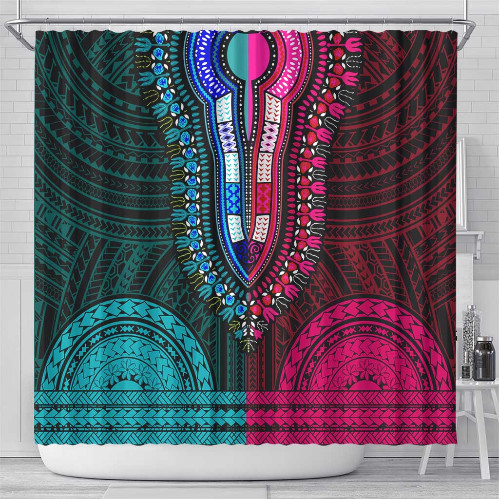African Dashiki and Polynesian Pattern Shower Curtain Half Teal-Pink