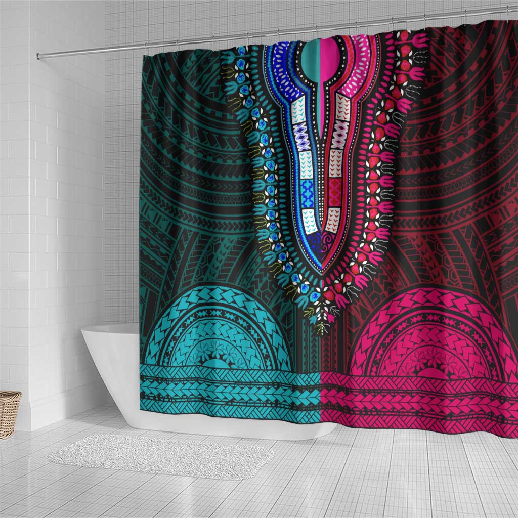 African Dashiki and Polynesian Pattern Shower Curtain Half Teal-Pink