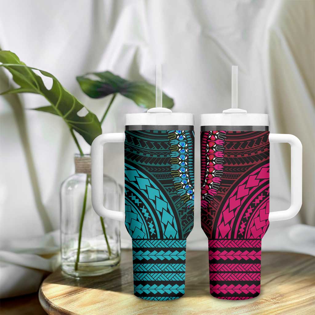 African Dashiki and Polynesian Pattern Tumbler With Handle Half Teal-Pink
