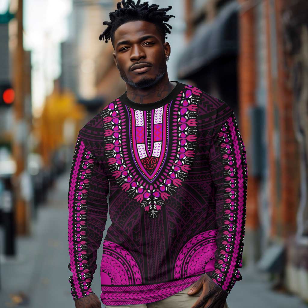 African Dashiki and Polynesian Pattern Long Sleeve Shirt Pink