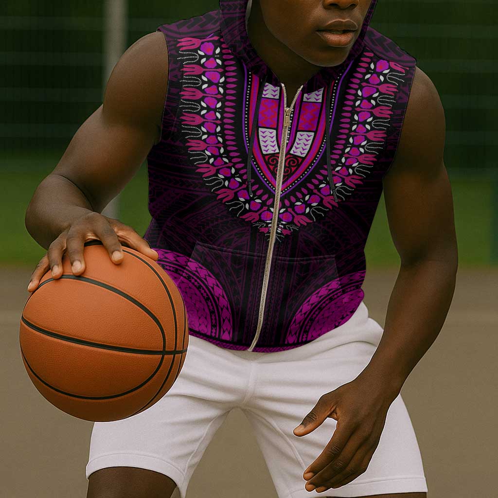 African Dashiki and Polynesian Pattern Sleeveless Zip Hoodie Pink - African Pride