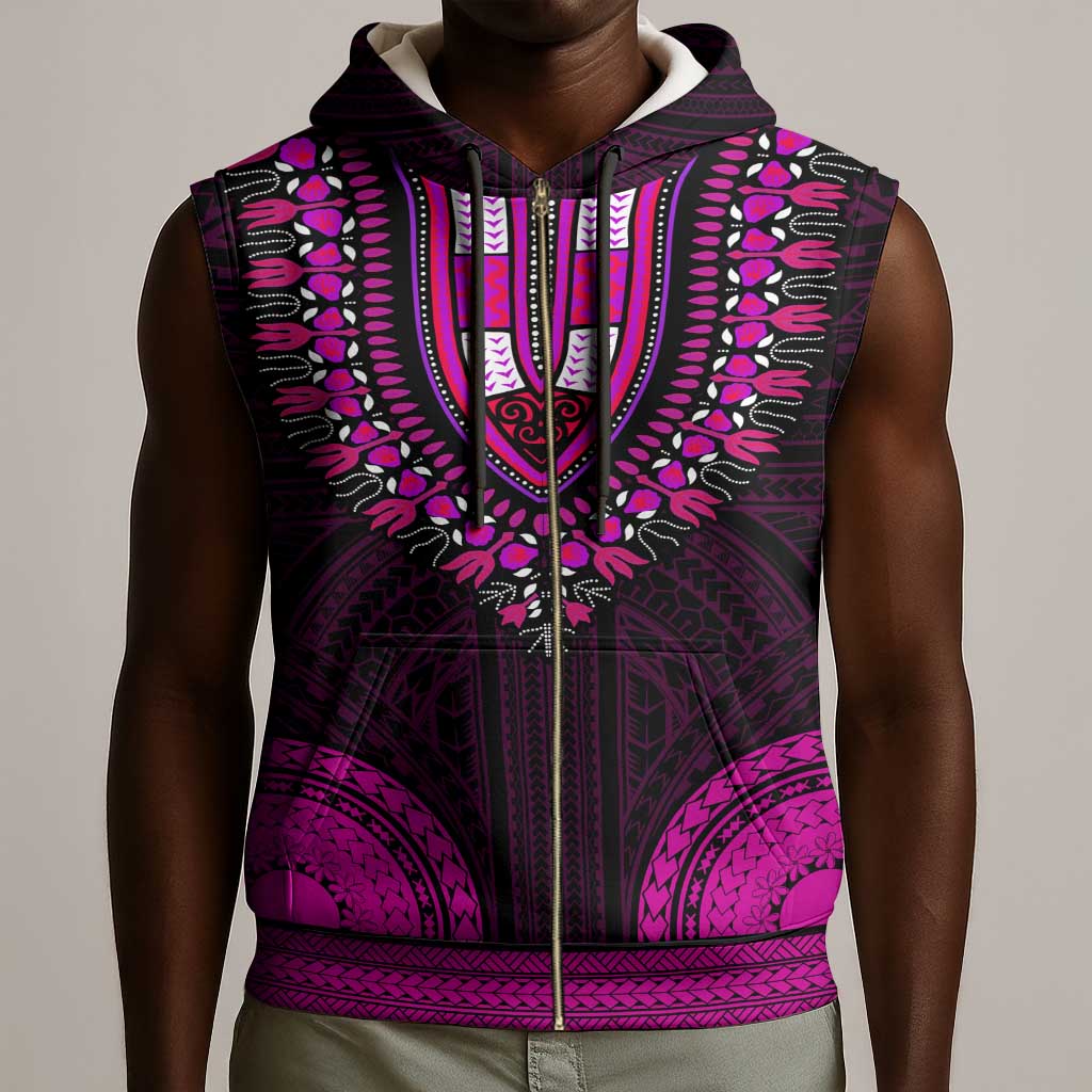 African Dashiki and Polynesian Pattern Sleeveless Zip Hoodie Pink - African Pride