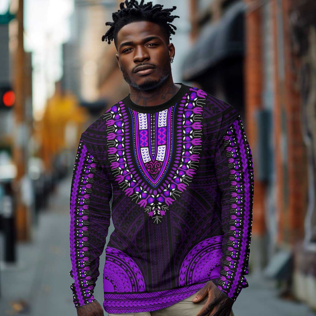 African Dashiki and Polynesian Pattern Long Sleeve Shirt Purple