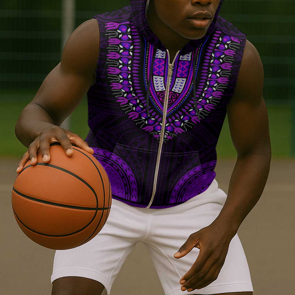 African Dashiki and Polynesian Pattern Sleeveless Zip Hoodie Purple - African Pride