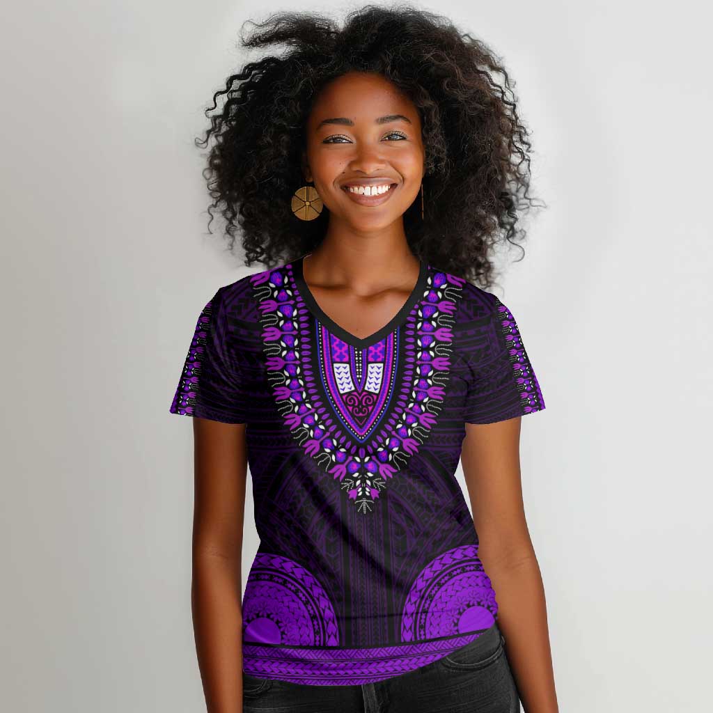 African Dashiki and Polynesian Pattern Women V-Neck T-Shirt Purple