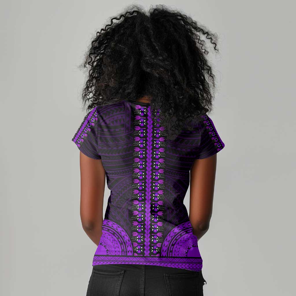 African Dashiki and Polynesian Pattern Women V-Neck T-Shirt Purple