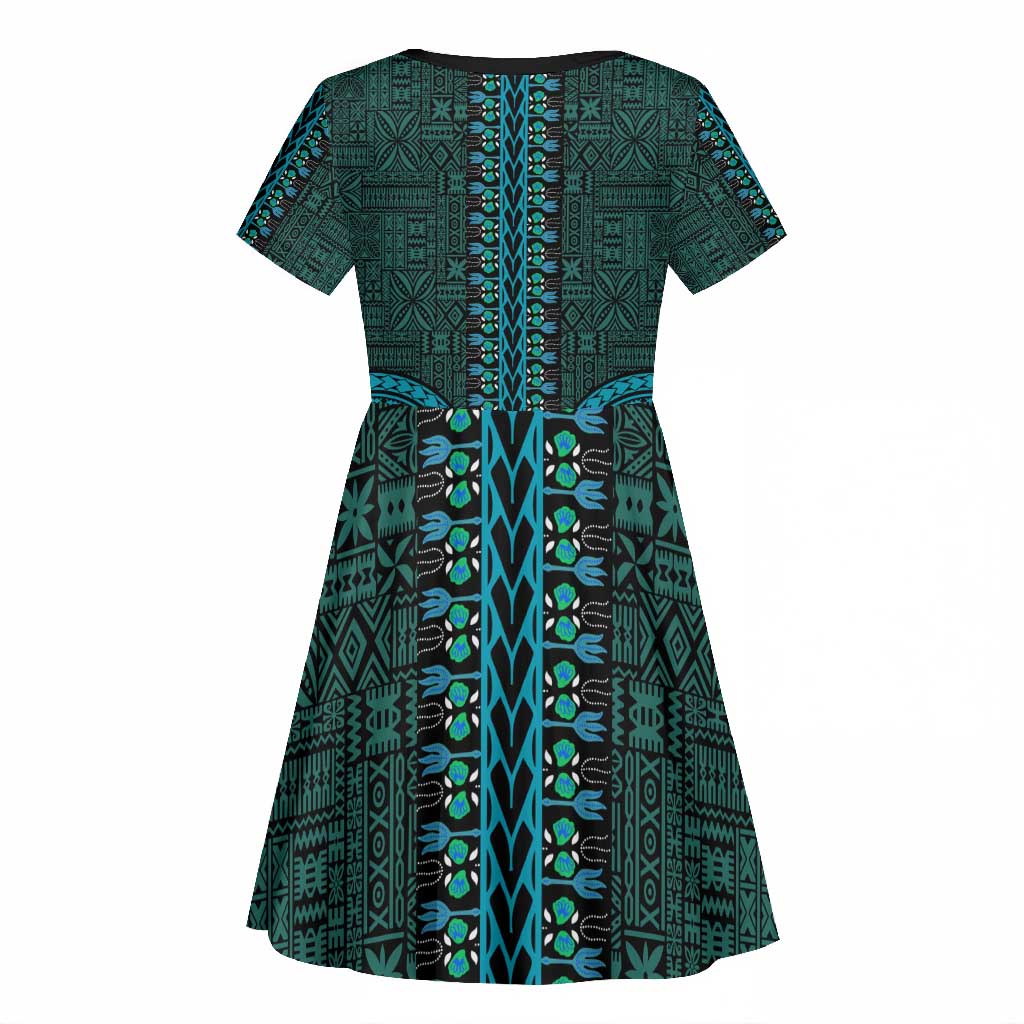 Teal Dashiki and Tapa Pattern Kid Short Sleeve Dress Africa-Polynesia Together Culture