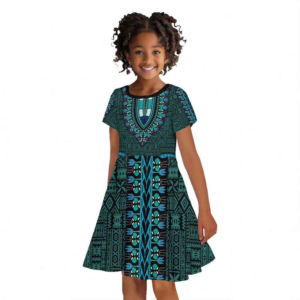 Teal Dashiki and Tapa Pattern Kid Short Sleeve Dress Africa-Polynesia Together Culture