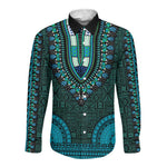 Teal Dashiki and Tapa Pattern Long Sleeve Button Shirt Africa-Polynesia Together Culture