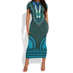 Teal Dashiki and Tapa Pattern Short Sleeve Bodycon Dress Africa-Polynesia Together Culture LT9