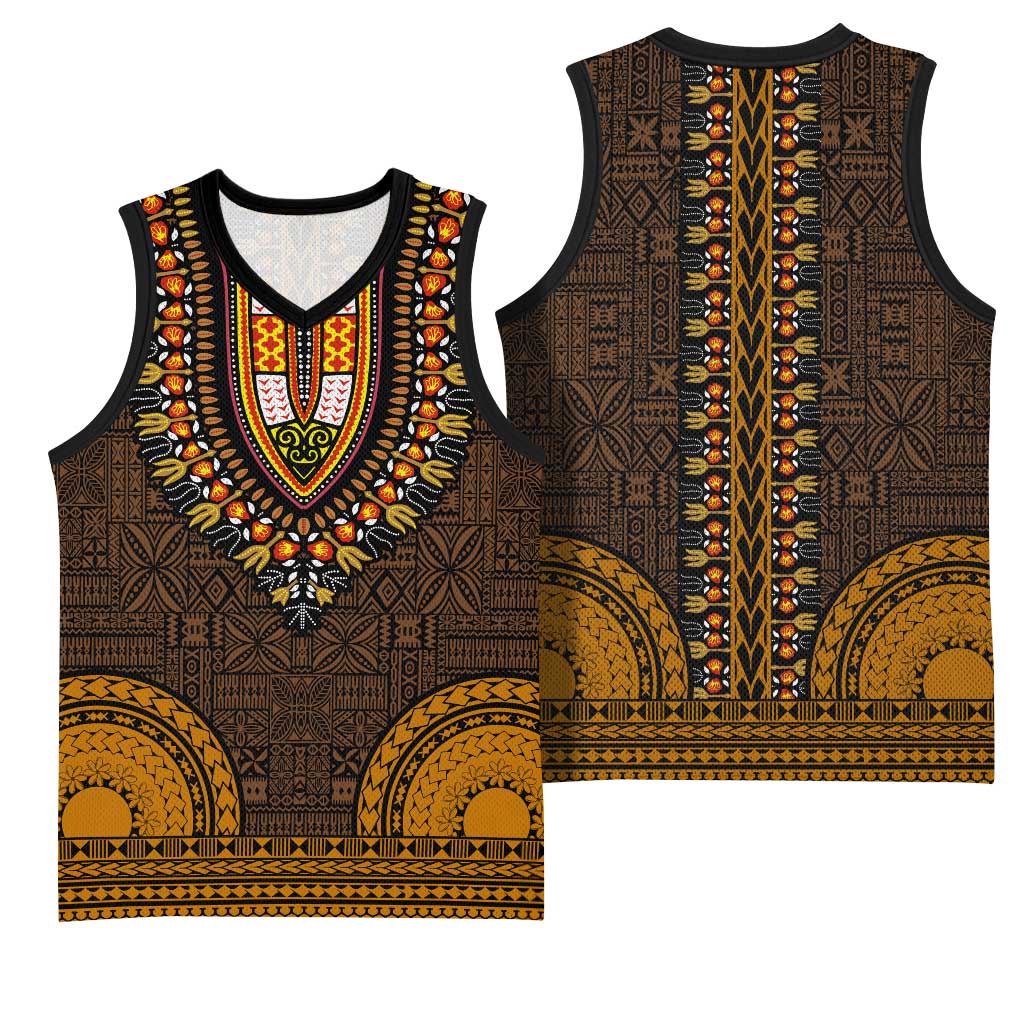 Gold Dashiki and Tapa Pattern Basketball Jersey Africa-Polynesia Together Culture - African Pride