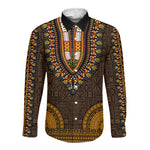 Gold Dashiki and Tapa Pattern Long Sleeve Button Shirt Africa-Polynesia Together Culture