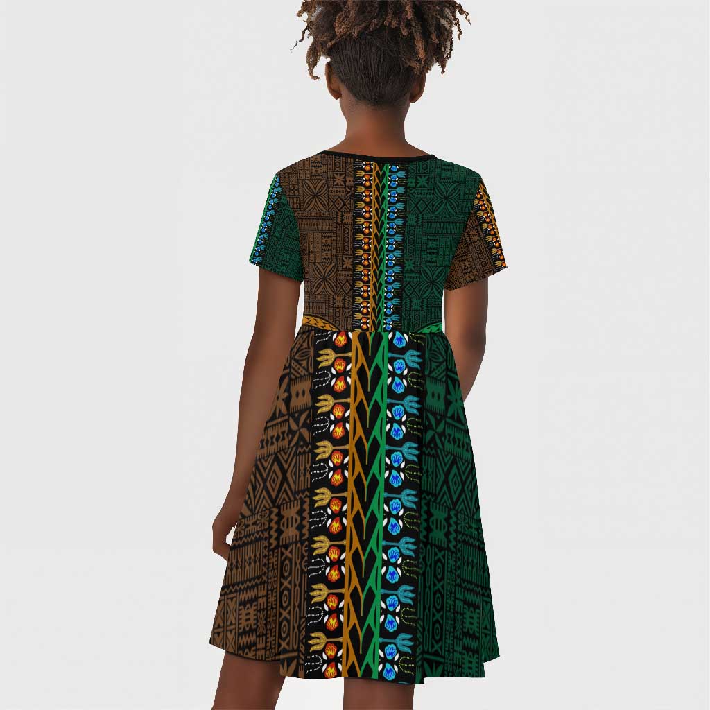 Green-gold Dashiki and Tapa Pattern Kid Short Sleeve Dress Africa-Polynesia Together Culture