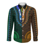 Green-gold Dashiki and Tapa Pattern Long Sleeve Button Shirt Africa-Polynesia Together Culture
