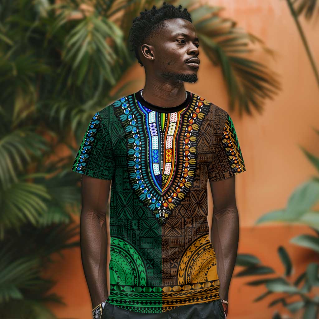 Green-gold Dashiki and Tapa Pattern T shirt Africa-Polynesia Together Culture