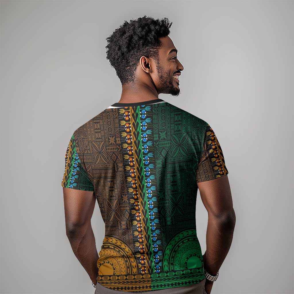 Green-gold Dashiki and Tapa Pattern T shirt Africa-Polynesia Together Culture